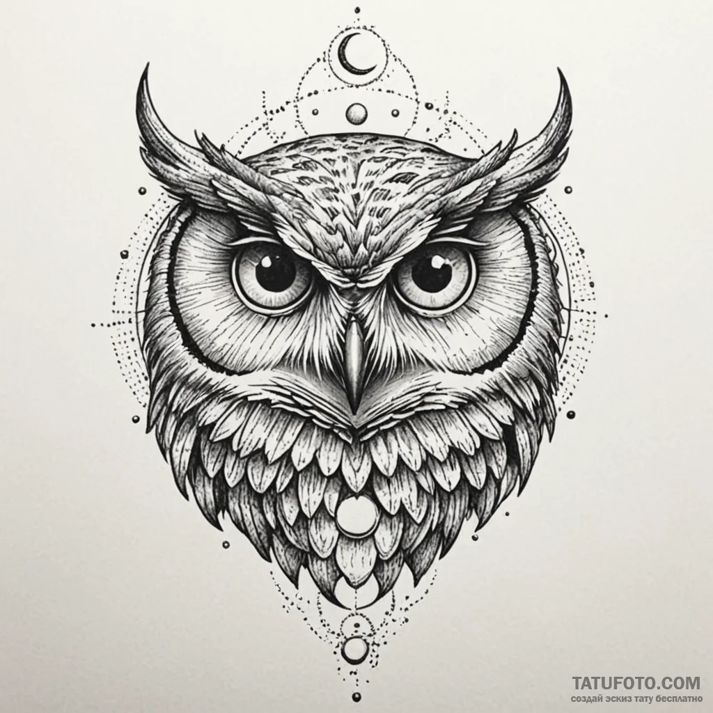 Owl eye reflecting twin moons, tattoo sketch... - эскиз тату (№1750272529_0, 18.06.2025 18:48) — Tatufoto.com