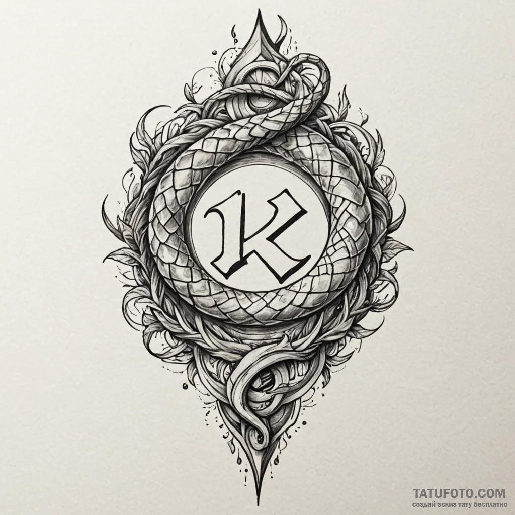 Sapphire serpent devouring rune, artistic tat... - эскиз тату (№1750272594_0, 18.06.2025 18:49) — Tatufoto.com