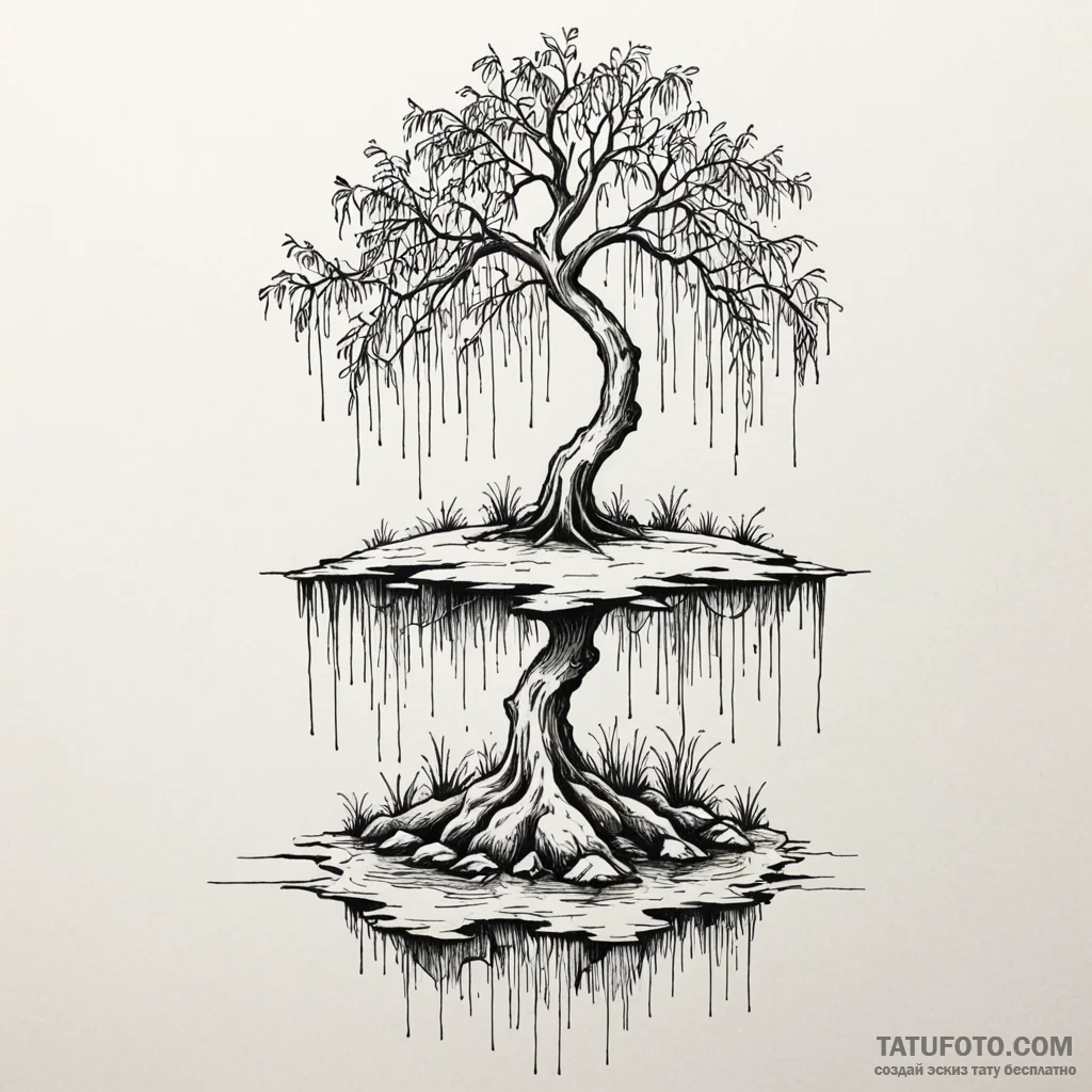 Floating island with a single, weeping willow... - эскиз тату (№1750272923_0, 18.06.2025 18:55) — Tatufoto.com