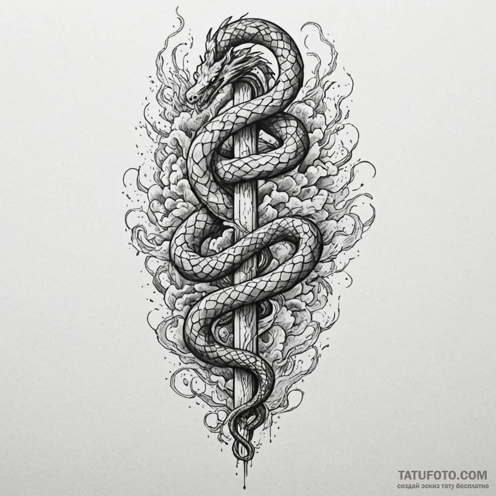 Angelic serpent rising from mist, tattoo line... - эскиз тату (№1750273381_0, 18.06.2025 19:03) — Tatufoto.com