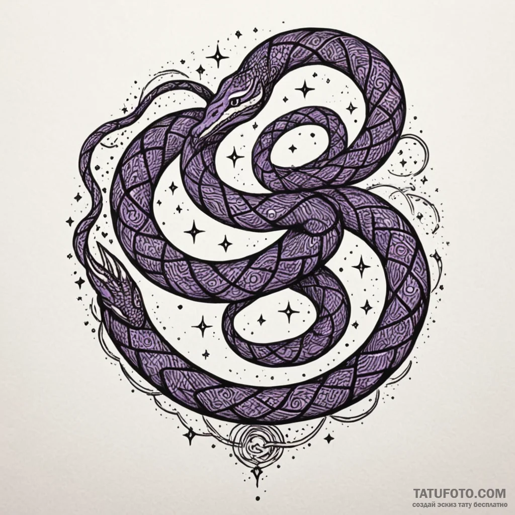 Violet serpent coiling through starlight, ink... - эскиз тату (№1750274295_0, 18.06.2025 19:18) — Tatufoto.com