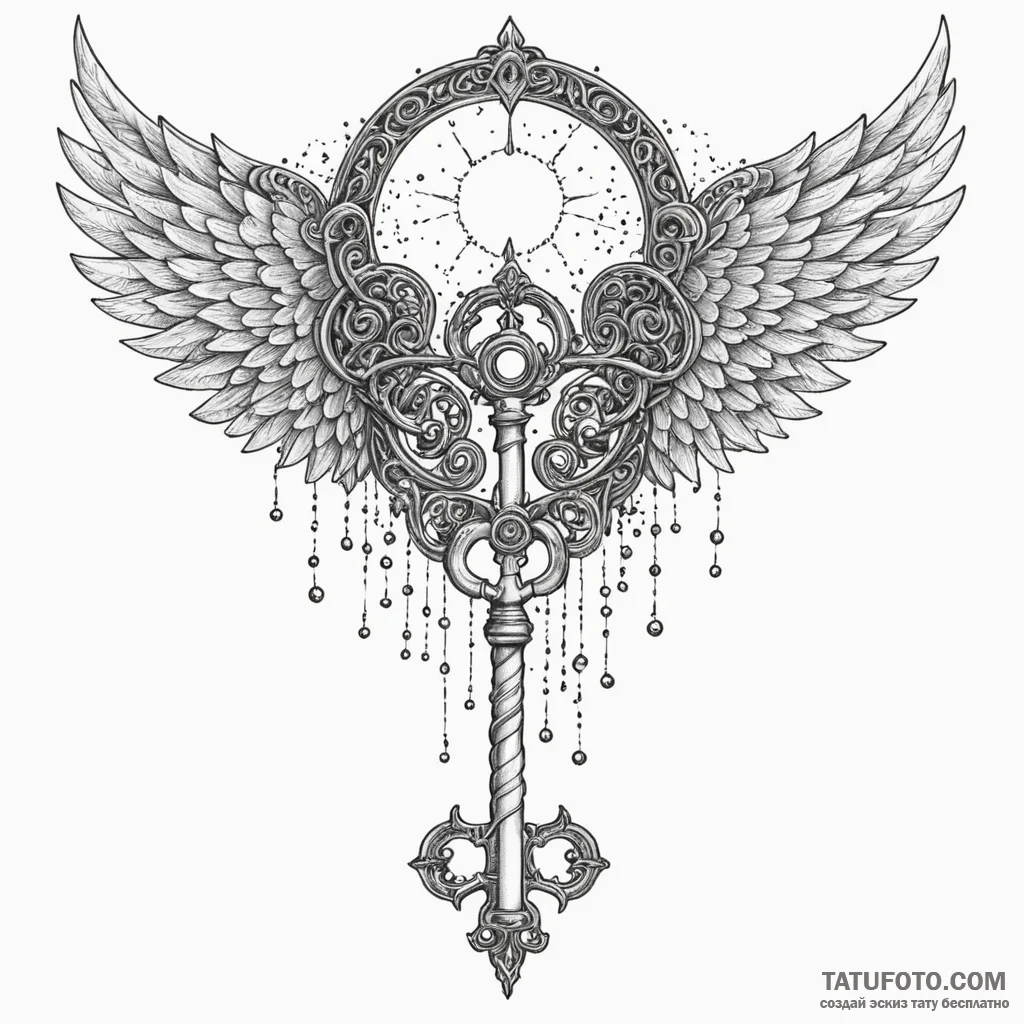 Winged key, ready to unlock a celestial gate,... - эскиз тату (№1750276020_0, 18.06.2025 19:47) — Tatufoto.com