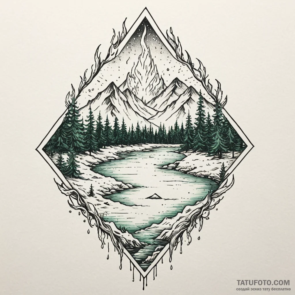 Emerald flame beneath frozen river, concept a... - эскиз тату (№1750276147_0, 18.06.2025 19:49) — Tatufoto.com