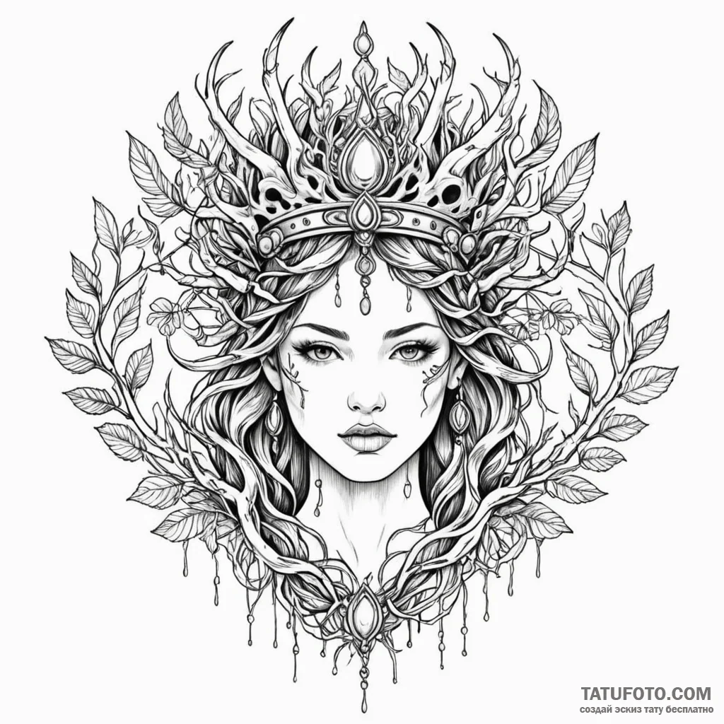 Jungle relic crowned with roots, ink illustra... - эскиз тату (№1750276595_0, 18.06.2025 19:56) — Tatufoto.com