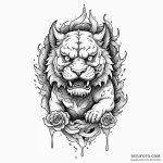 Komainu statue bleeding shadows, tattoo flash… — эскиз тату (№1750279708_0, 18.06.2025 20:48) — Tatufoto.com
