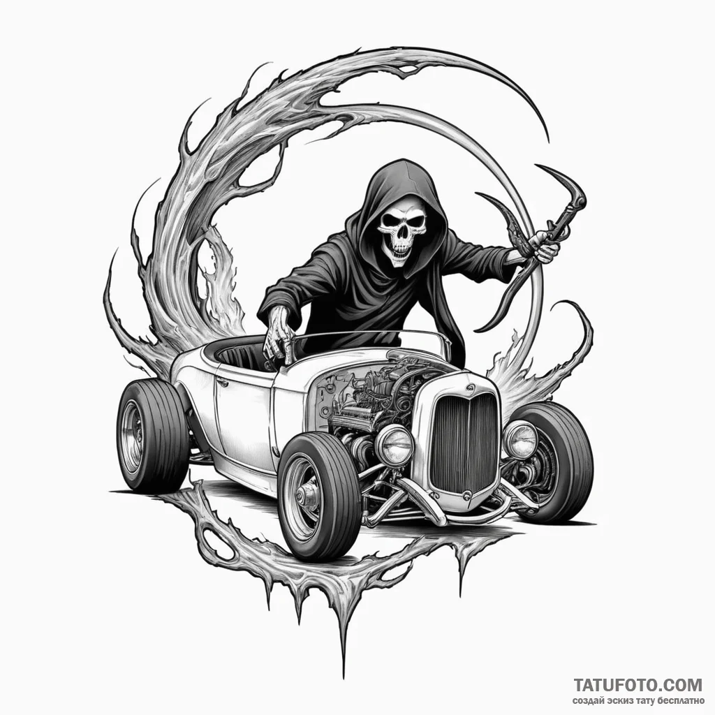 Grim reaper driving a souped-up hot rod, tatt... - эскиз тату (№1750284374_0, 18.06.2025 22:06) — Tatufoto.com