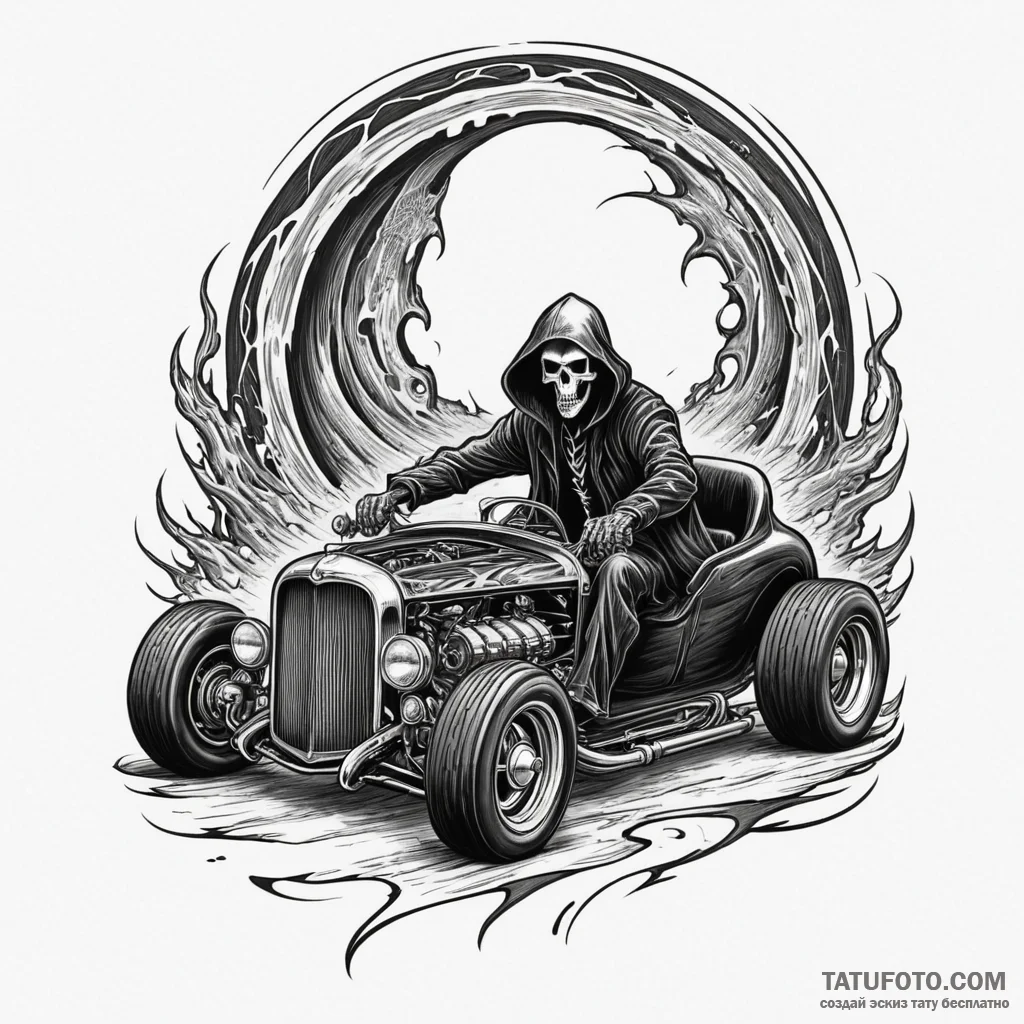 Grim reaper driving a souped-up hot rod, tatt... - эскиз тату (№1750284374_1, 18.06.2025 22:06) — Tatufoto.com