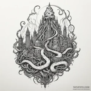 Smog-filled city with the faint outline of a... - эскиз тату (№1750287008_0, 18.06.2025 22:50) — Tatufoto.com
