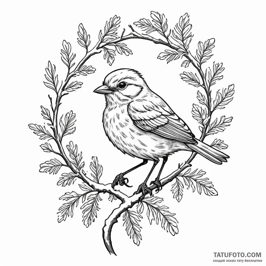 A whimsical bird on a branch with snow, winte... - эскиз тату (№1750287080_1, 18.06.2025 22:51) — Tatufoto.com