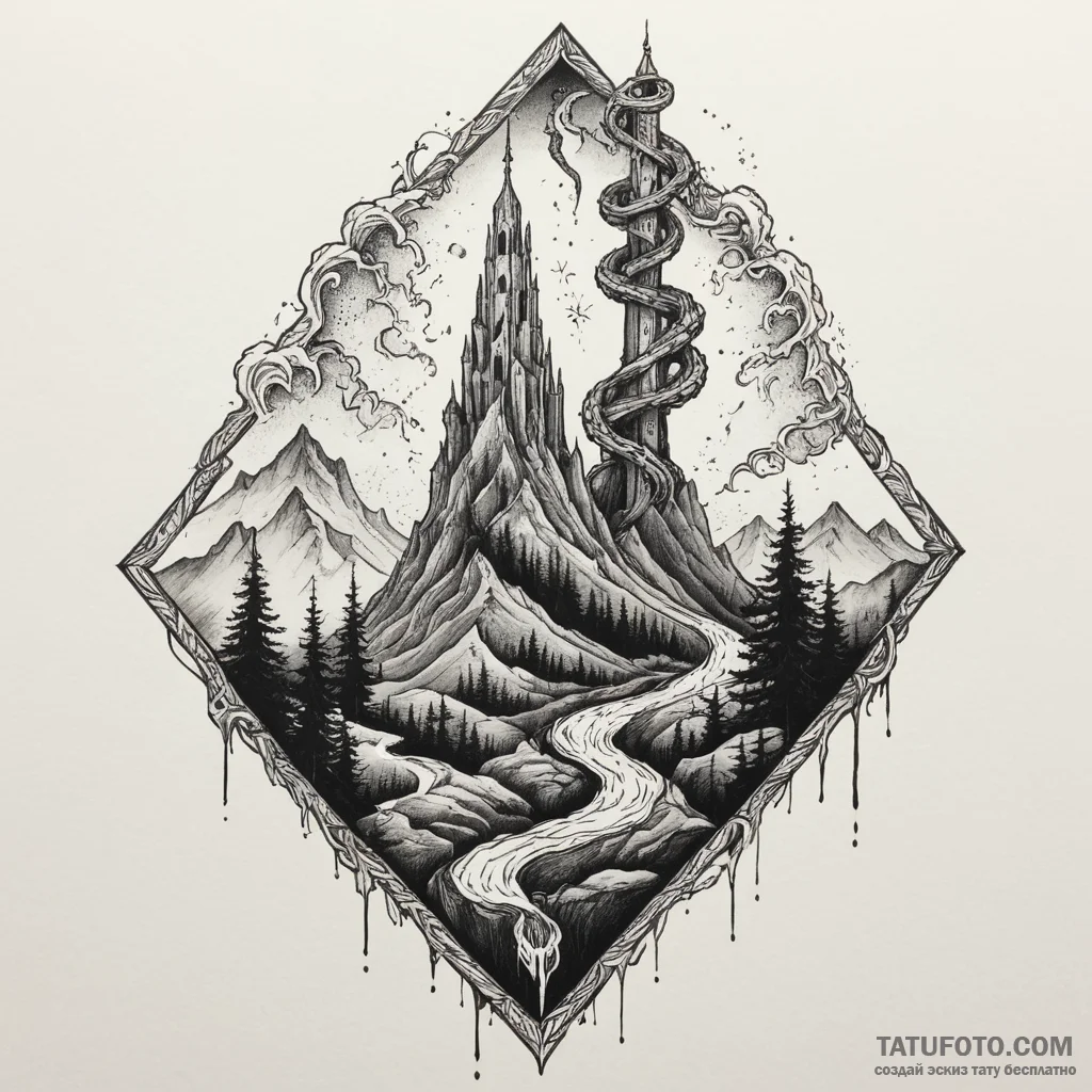Nether serpent beneath spectral spire, ink il... - эскиз тату (№1750287862_1, 18.06.2025 23:04) — Tatufoto.com