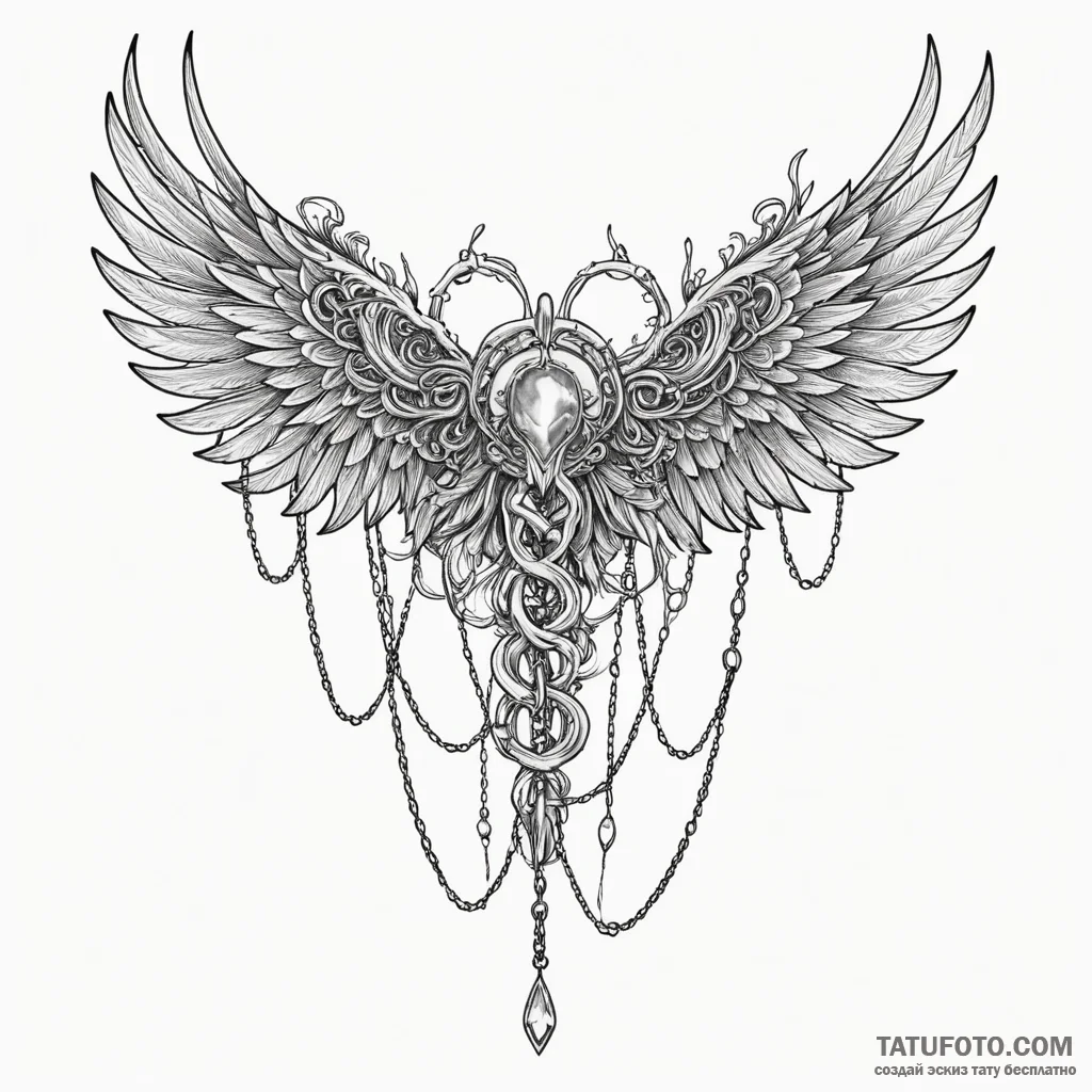 Animated wings bound in chains, tattoo sketch... - эскиз тату (№1750288798_0, 18.06.2025 23:19) — Tatufoto.com