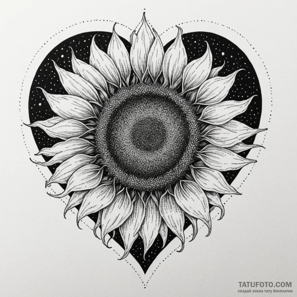 Sunflower turning its face towards a heart-sh... - эскиз тату (№1750296206_0, 19.06.2025 01:23) — Tatufoto.com