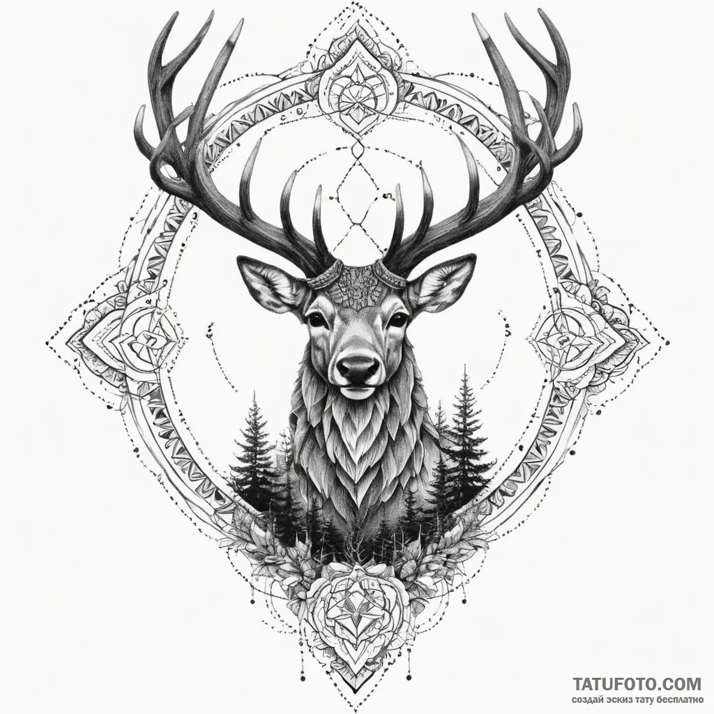 Stag's head with a forest silhouette in its a... - эскиз тату (№1750298632_0, 19.06.2025 02:03) — Tatufoto.com