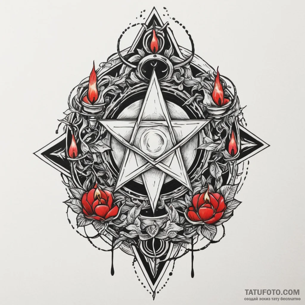Alchemy pentagram with candles, tattoo flash... - эскиз тату (№1750298703_0, 19.06.2025 02:05) — Tatufoto.com