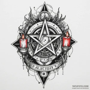 Alchemy pentagram with candles, tattoo flash... - эскиз тату (№1750298703_1, 19.06.2025 02:05) — Tatufoto.com