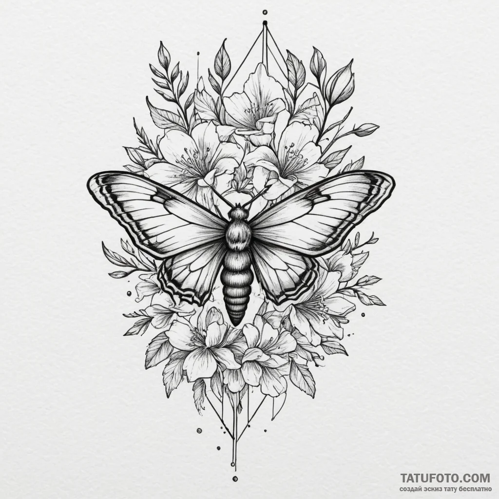 Queenрір‚в„ўs moth beneath spectral bloom, ta... - эскиз тату (№1750298775_1, 19.06.2025 02:06) — Tatufoto.com