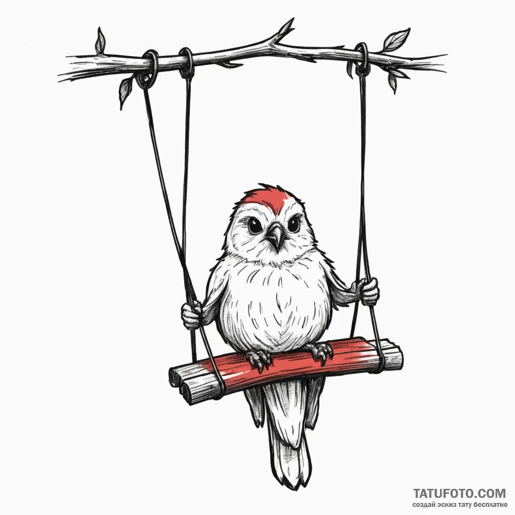 A whimsical bird on a swing, playful,, tattoo... - эскиз тату (№1750299525_1, 19.06.2025 02:18) — Tatufoto.com