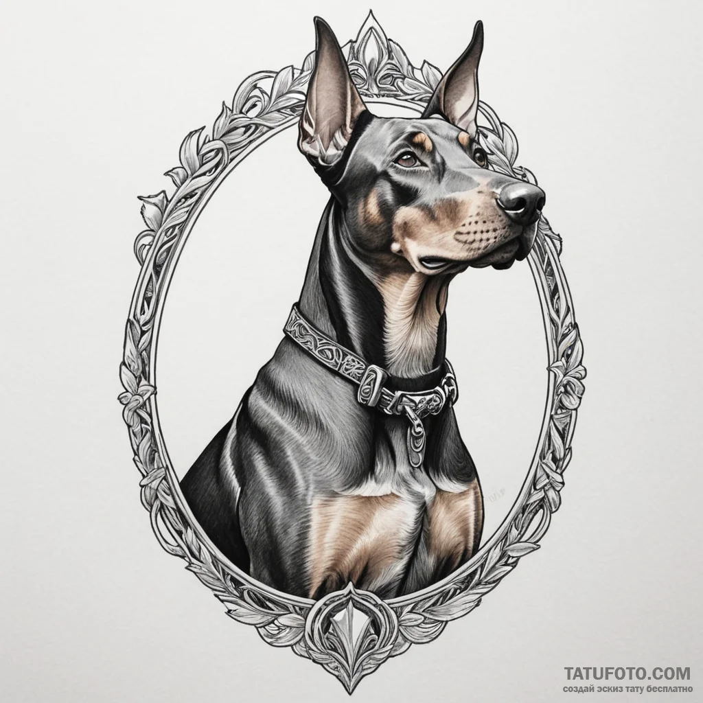 Doberman pinscher with a sleek, tactical harn... - эскиз тату (№1750299741_0, 19.06.2025 02:22) — Tatufoto.com