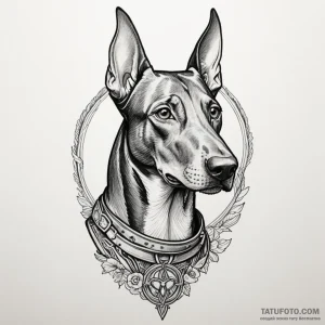 Doberman pinscher with a sleek, tactical harn... - эскиз тату (№1750299741_1, 19.06.2025 02:22) — Tatufoto.com