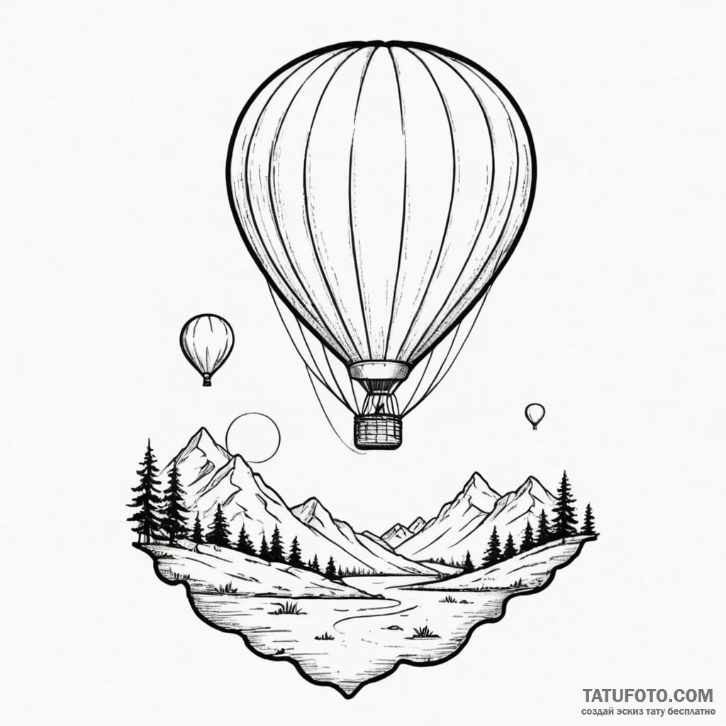 A whimsical balloon floating over a serene la... - эскиз тату (№1750300671_0, 19.06.2025 02:37) — Tatufoto.com