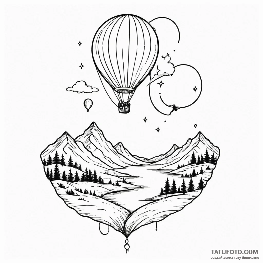 A whimsical balloon floating over a serene la... - эскиз тату (№1750300671_1, 19.06.2025 02:37) — Tatufoto.com
