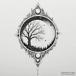 Withered tree beneath eclipsed sun, tattoo sk... - эскиз тату (№1750302341_0, 19.06.2025 03:05) — Tatufoto.com