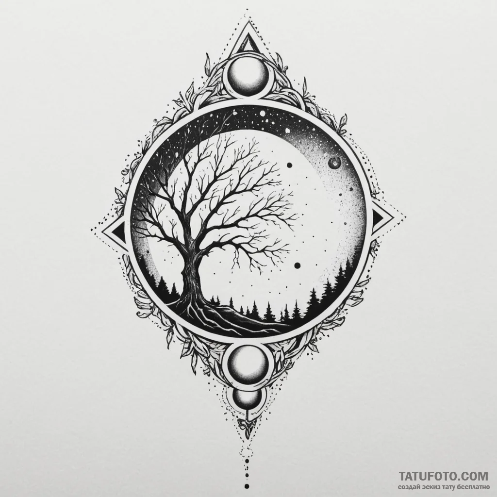 Withered tree beneath eclipsed sun, tattoo sk... - эскиз тату (№1750302341_0, 19.06.2025 03:05) — Tatufoto.com