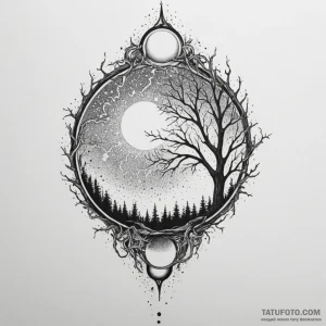 Withered tree beneath eclipsed sun, tattoo sk... - эскиз тату (№1750302341_1, 19.06.2025 03:05) — Tatufoto.com