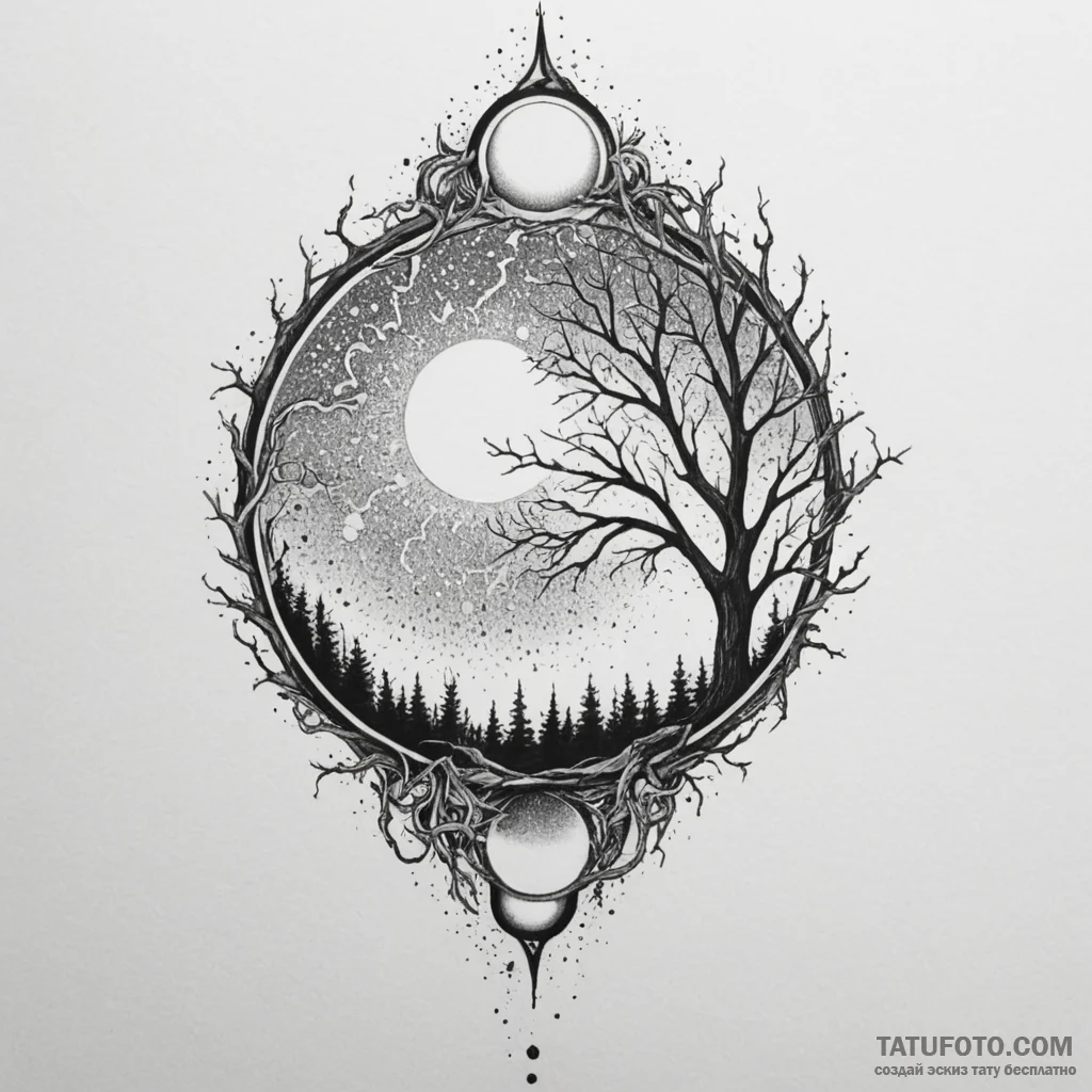 Withered tree beneath eclipsed sun, tattoo sk... - эскиз тату (№1750302341_1, 19.06.2025 03:05) — Tatufoto.com