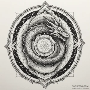 Dragon spiral in cosmic rift, tattoo drawing... - эскиз тату (№1750302485_1, 19.06.2025 03:08) — Tatufoto.com