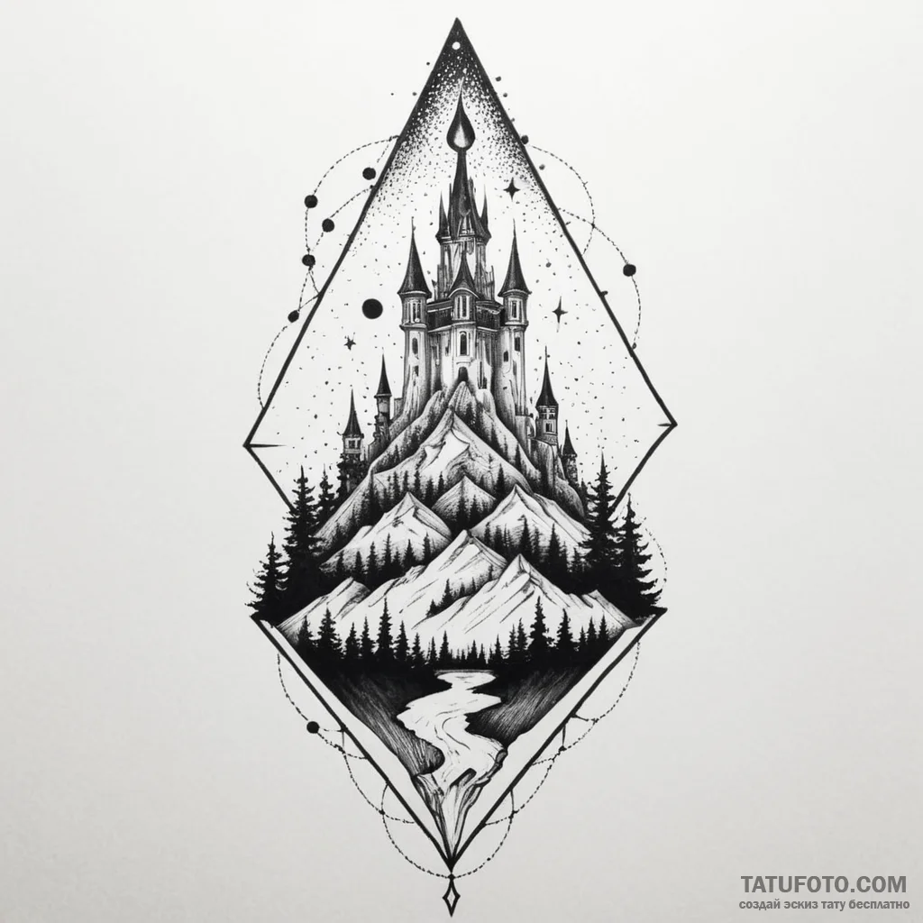 Nightfall crown beneath spectral spire, artis... - эскиз тату (№1750304086_0, 19.06.2025 03:34) — Tatufoto.com