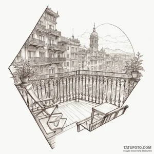 A detailed balcony view, panoramic,, tattoo d... - эскиз тату (№1750304160_0, 19.06.2025 03:36) — Tatufoto.com
