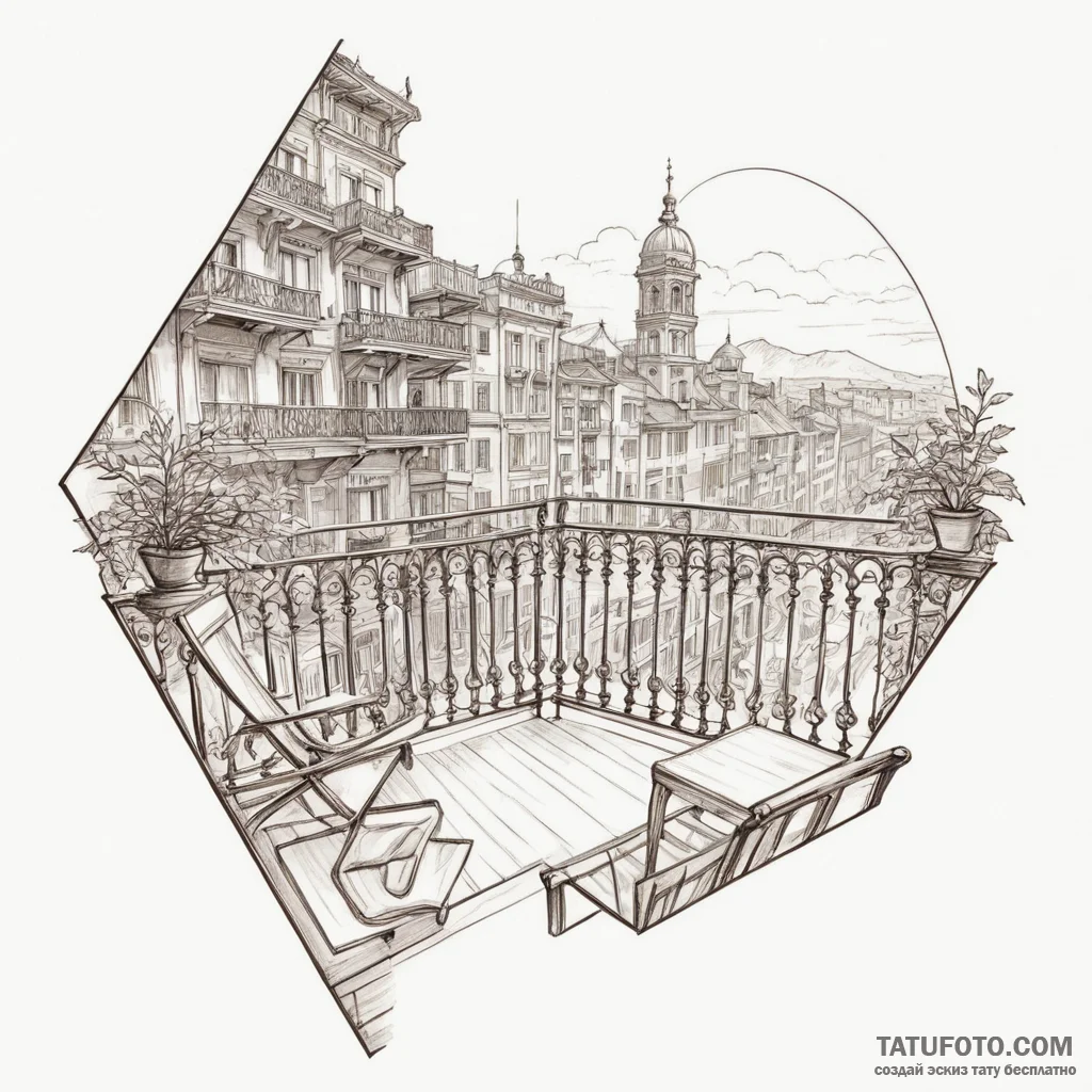 A detailed balcony view, panoramic,, tattoo d... - эскиз тату (№1750304160_0, 19.06.2025 03:36) — Tatufoto.com