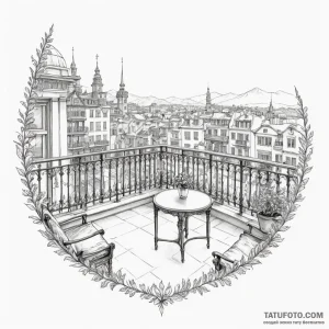A detailed balcony view, panoramic,, tattoo d... - эскиз тату (№1750304160_1, 19.06.2025 03:36) — Tatufoto.com