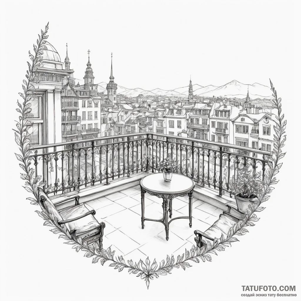 A detailed balcony view, panoramic,, tattoo d... - эскиз тату (№1750304160_1, 19.06.2025 03:36) — Tatufoto.com