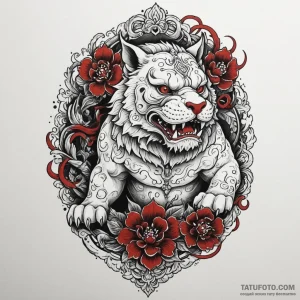 Komainu statue bleeding shadows, tattoo drawi... - эскиз тату (№1750304235_1, 19.06.2025 03:37) — Tatufoto.com
