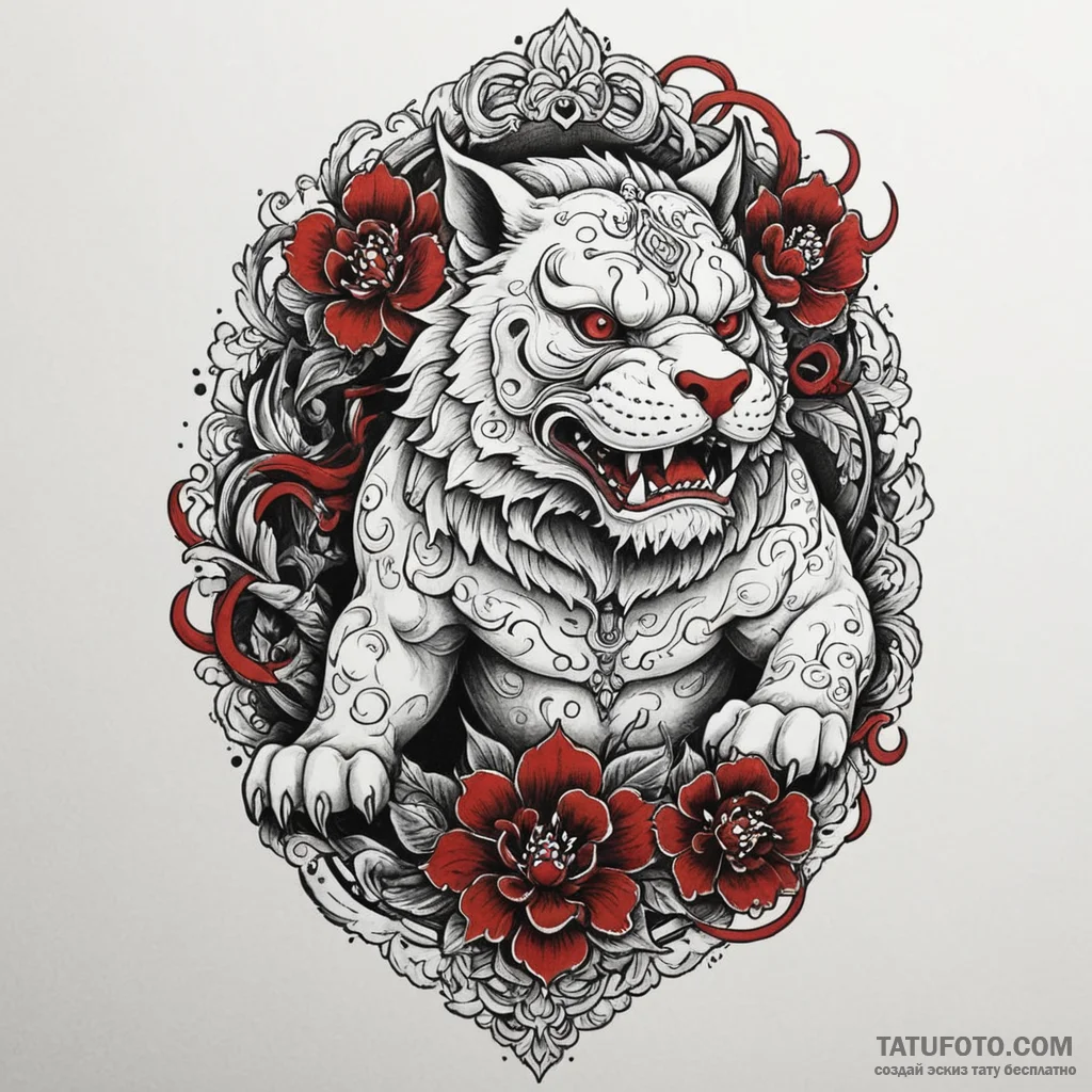 Komainu statue bleeding shadows, tattoo drawi... - эскиз тату (№1750304235_1, 19.06.2025 03:37) — Tatufoto.com