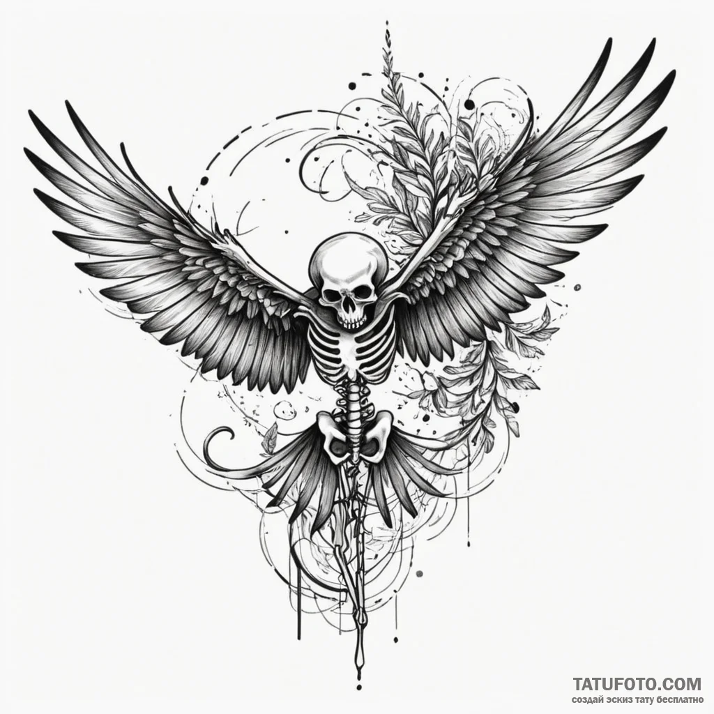 Skeleton of a bird in mid-flight, tattoo draw... - эскиз тату (№1750304308_0, 19.06.2025 03:38) — Tatufoto.com