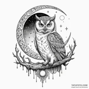 Owl perched beneath spectral moon, artistic t... - эскиз тату (№1750305535_0, 19.06.2025 03:58) — Tatufoto.com