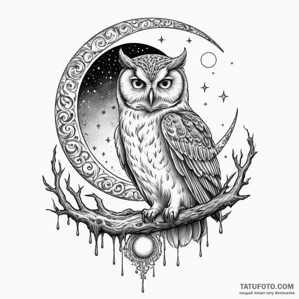Owl perched beneath spectral moon, artistic t... - эскиз тату (№1750305535_0, 19.06.2025 03:58) — Tatufoto.com