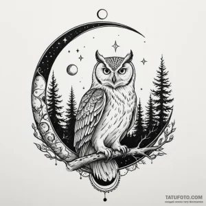 Owl perched beneath spectral moon, artistic t... - эскиз тату (№1750305535_1, 19.06.2025 03:58) — Tatufoto.com