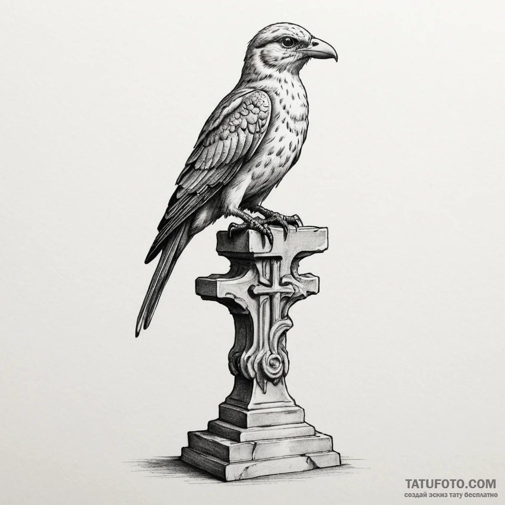 A whimsical bird perched on a statue, stillne... - эскиз тату (№1750305606_0, 19.06.2025 04:00) — Tatufoto.com