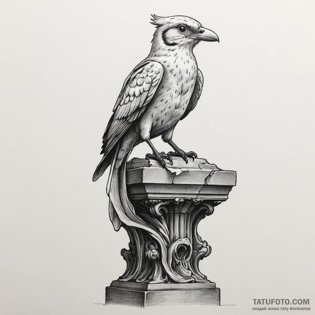 A whimsical bird perched on a statue, stillne... - эскиз тату (№1750305606_1, 19.06.2025 04:00) — Tatufoto.com
