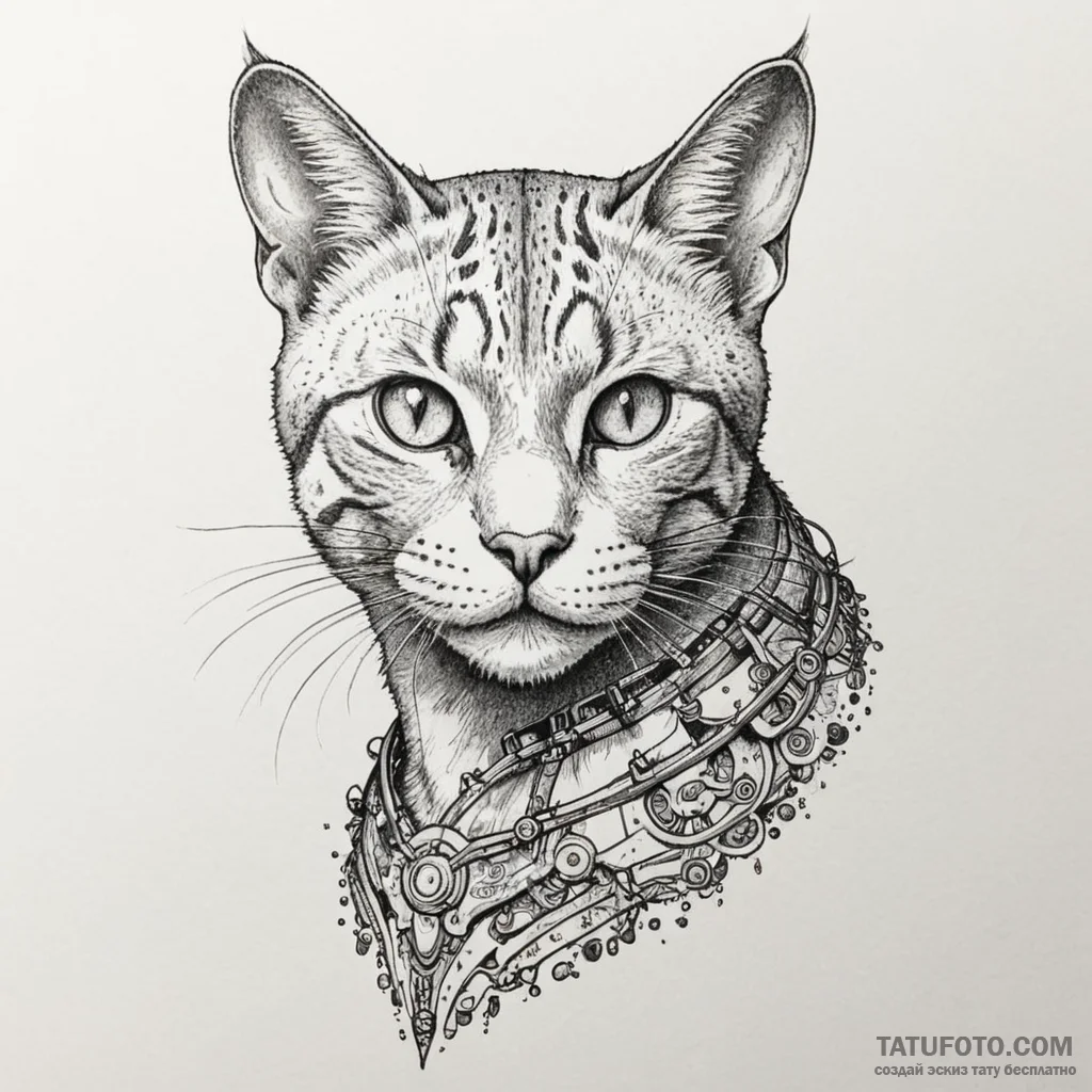 Cat with biomechanical limbs, artistic tattoo... - эскиз тату (№1750306539_0, 19.06.2025 04:15) — Tatufoto.com