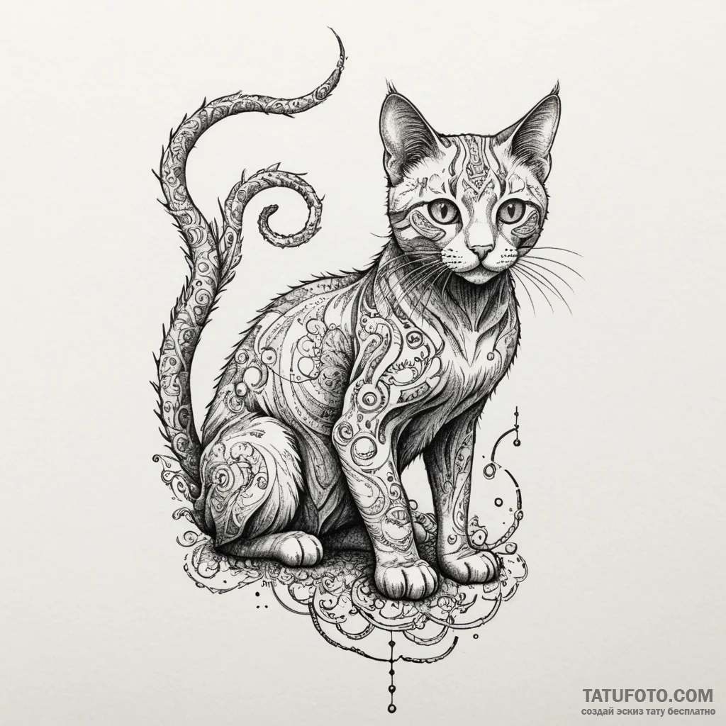 Cat with biomechanical limbs, artistic tattoo... - эскиз тату (№1750306539_1, 19.06.2025 04:15) — Tatufoto.com