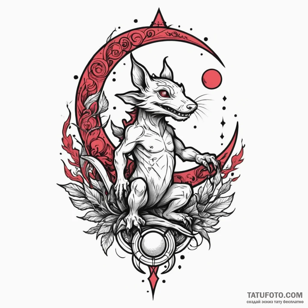 Kobold figure beneath crimson moon, tattoo fl... - эскиз тату (№1750306900_1, 19.06.2025 04:21) — Tatufoto.com