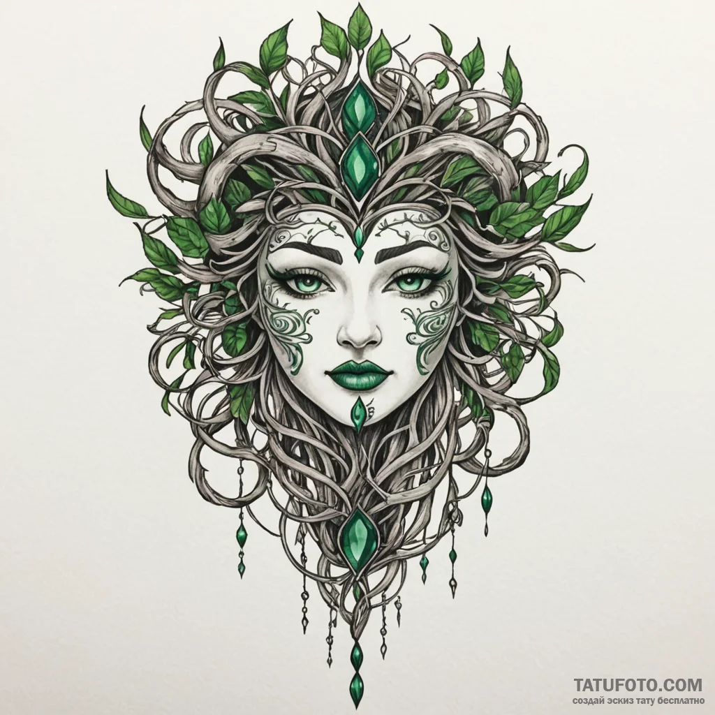 Emerald mask bound in roots, tattoo drawing o... - эскиз тату (№1750306972_0, 19.06.2025 04:22) — Tatufoto.com