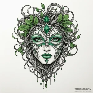 Emerald mask bound in roots, tattoo drawing o... - эскиз тату (№1750306972_1, 19.06.2025 04:22) — Tatufoto.com