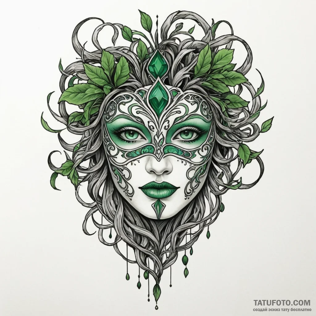 Emerald mask bound in roots, tattoo drawing o... - эскиз тату (№1750306972_1, 19.06.2025 04:22) — Tatufoto.com