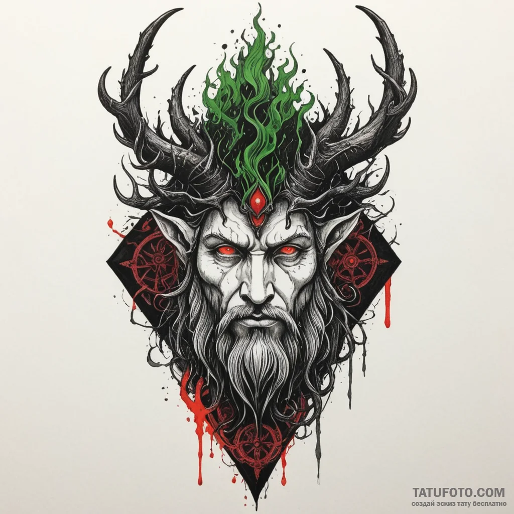 Horned god of the forest with eyes of green f... - эскиз тату (№1750308296_0, 19.06.2025 04:44) — Tatufoto.com
